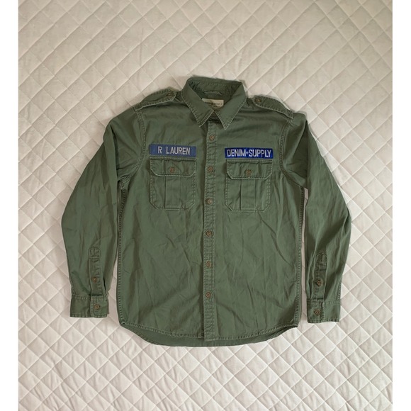 Y2K VTG DENIM & SUPPLY‎ RALPH LAUREN Distressed green Button up Sz M eagle flag
